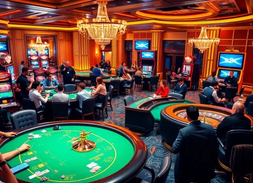 Exciting gambling scene with players at an S8 poker table and vibrant slot machines.