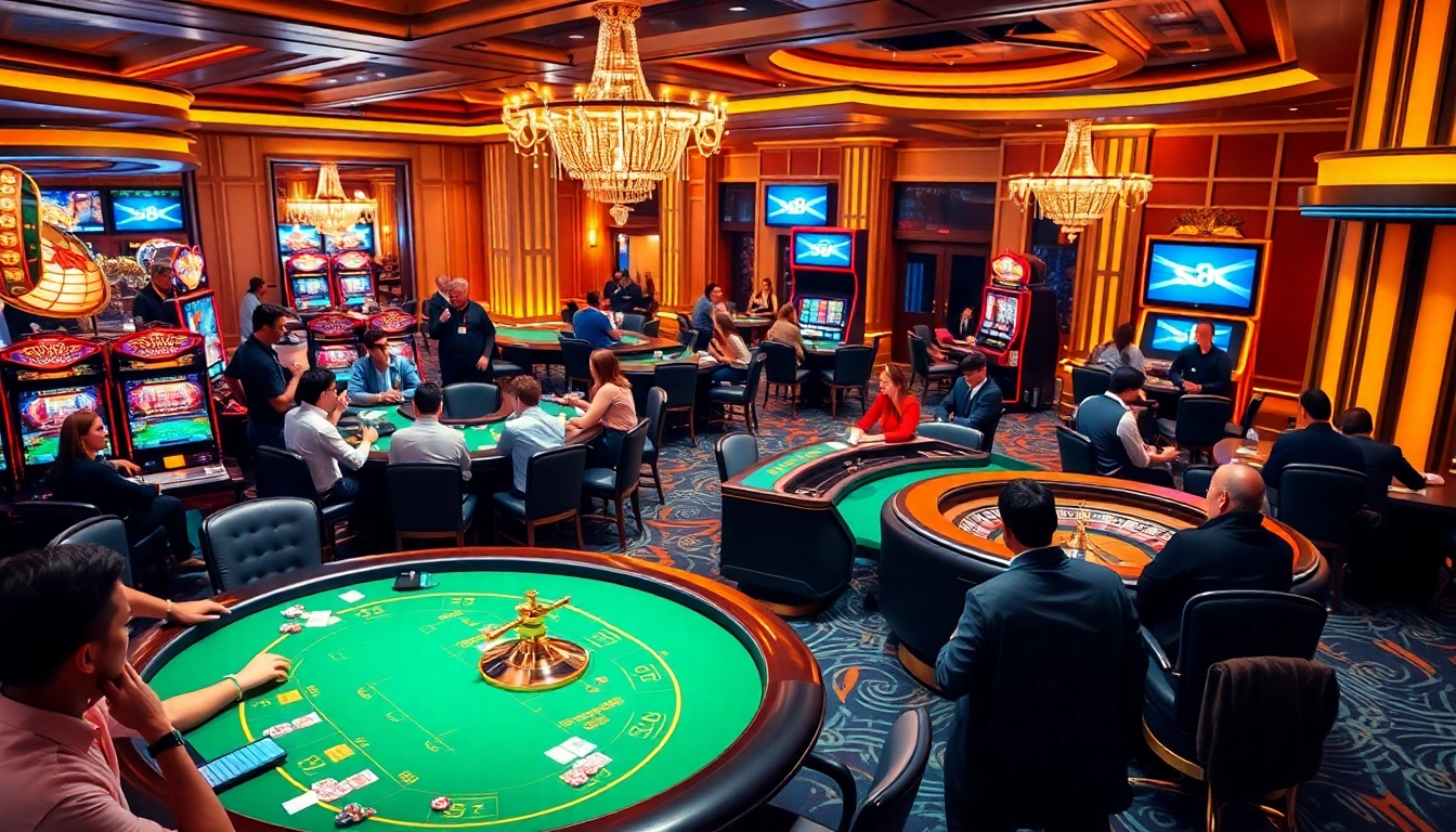 Exciting gambling scene with players at an S8 poker table and vibrant slot machines.