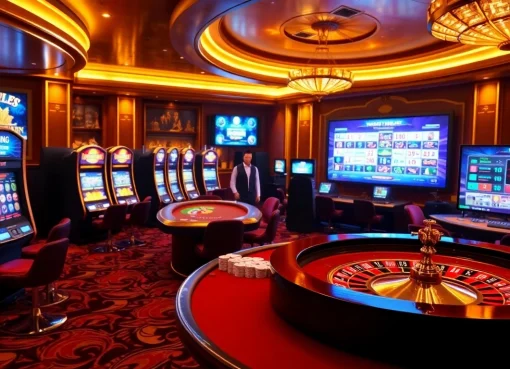Engaging scene at https://topclub.site/, showcasing a lively casino atmosphere with slot machines and a poker table.