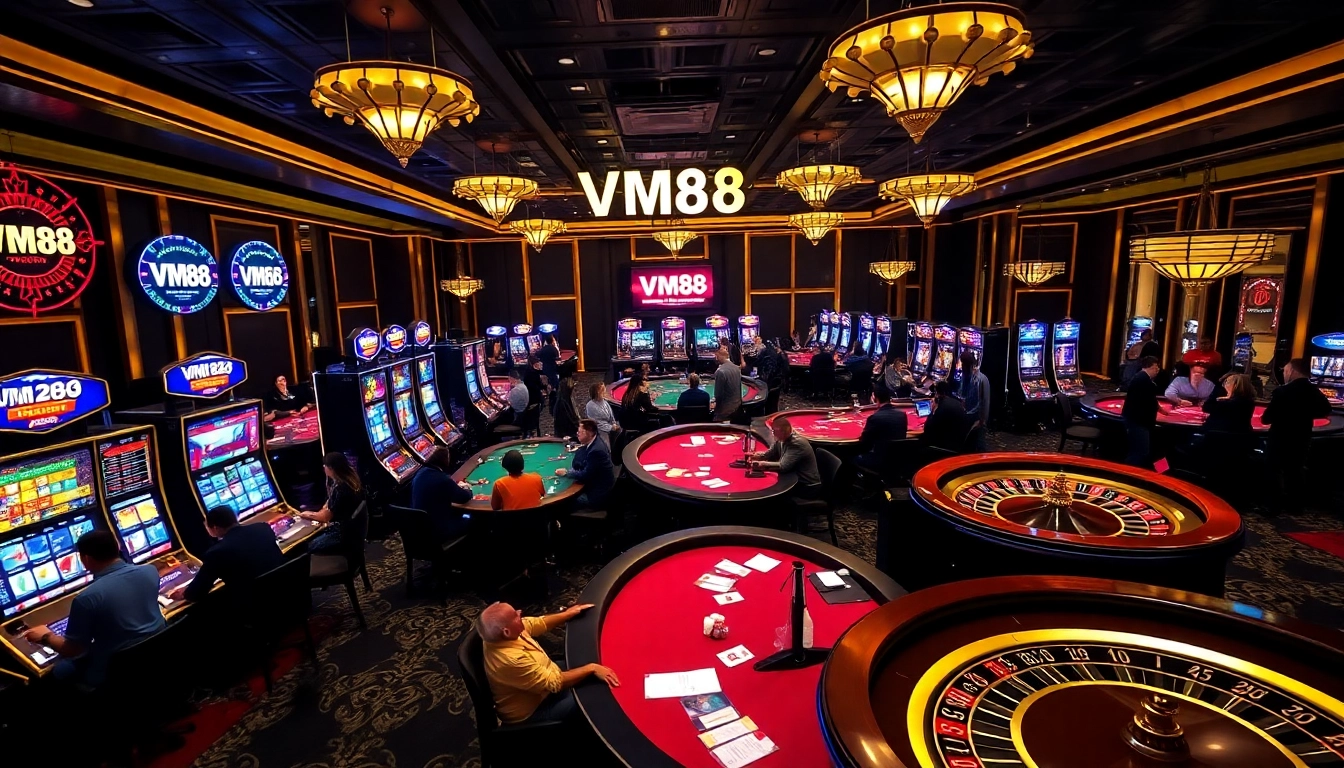 Experience thrilling gameplay at VM88's luxurious online casino with vibrant tables and exciting action.