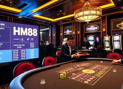 Players enjoy thrilling games at HM88 casino with poker tables and vibrant slot machines.