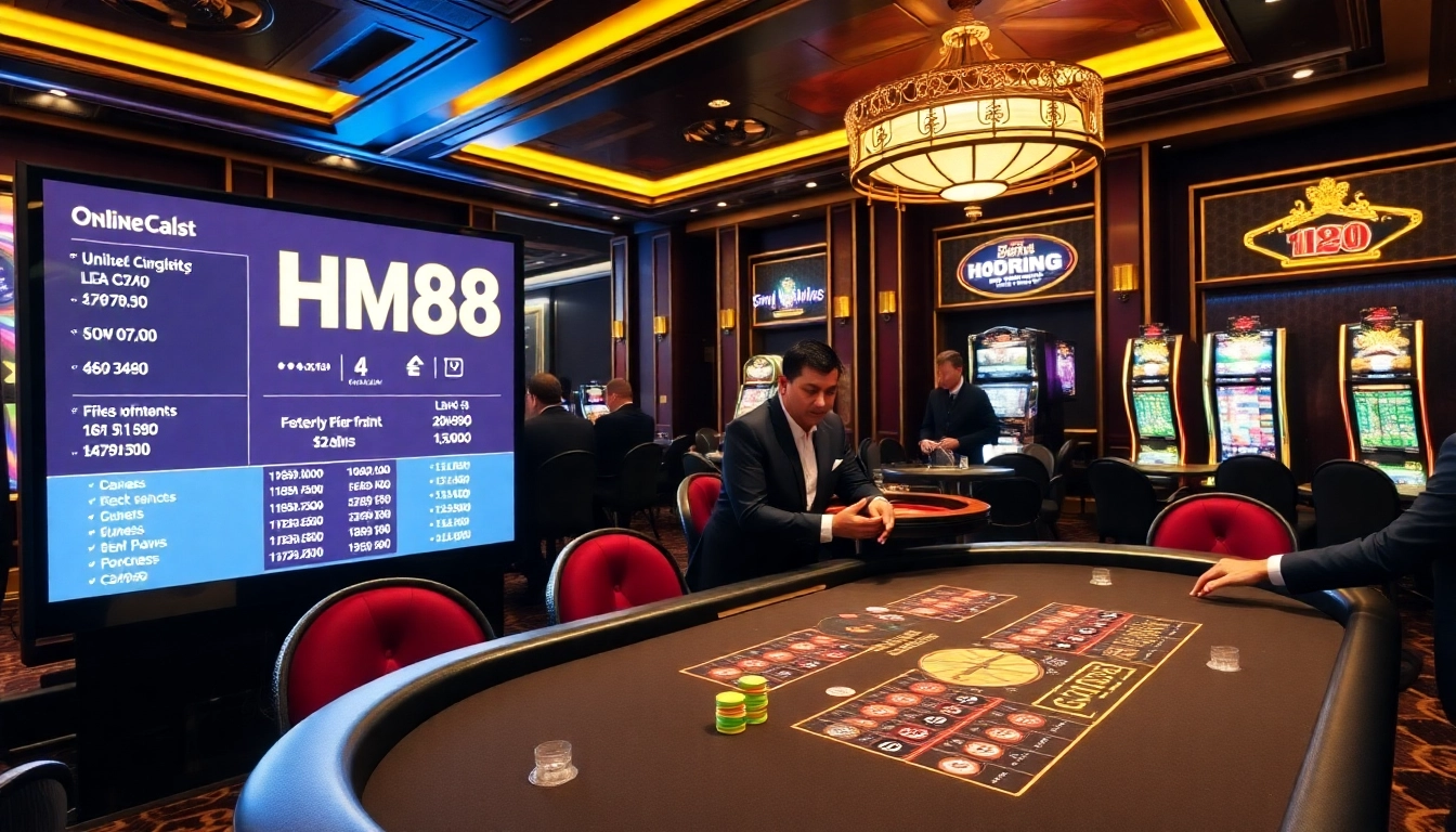 Players enjoy thrilling games at HM88 casino with poker tables and vibrant slot machines.