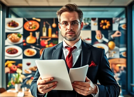 Headhunter Gastronomie in professioneller Umgebung mit Laptop und Bewerbungsmappe.