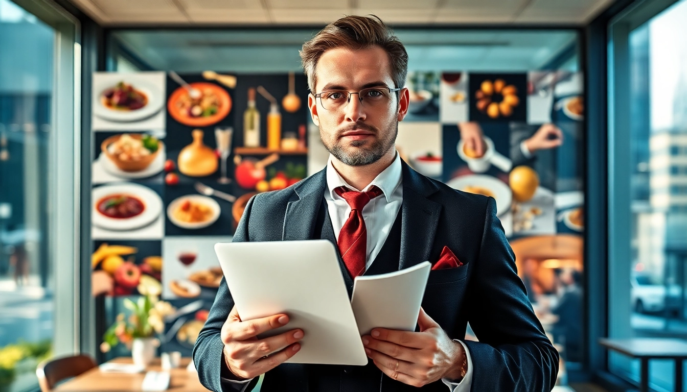 Headhunter Gastronomie in professioneller Umgebung mit Laptop und Bewerbungsmappe.