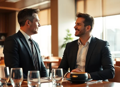 Headhunter Gastronomie führt ein Beratungsgespräch mit einem Bewerber in einem stilvollen Restaurant.