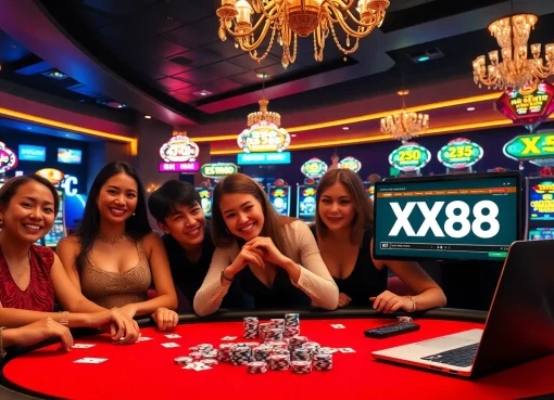 Players engaging at the XX88 poker table in a vibrant casino atmosphere.