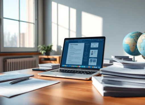 Professioneller Arbeitsplatz für Beglaubigte Übersetzung, mit Dokumenten, einem Laptop und einem Globus, der Beglaubigte Übersetzung symbolisiert.