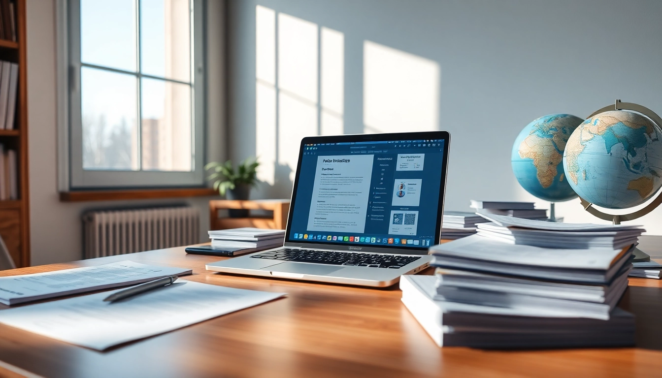 Professioneller Arbeitsplatz für Beglaubigte Übersetzung, mit Dokumenten, einem Laptop und einem Globus, der Beglaubigte Übersetzung symbolisiert.