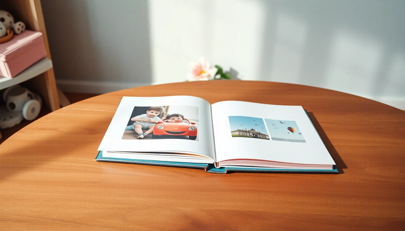 Gestalten Sie Ihr Babyalbum mit wundervollen Illustrationen und Platz für Fotos.