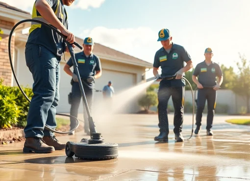 Concrete cleaning team using a pressure washer to restore a driveway's appearance.