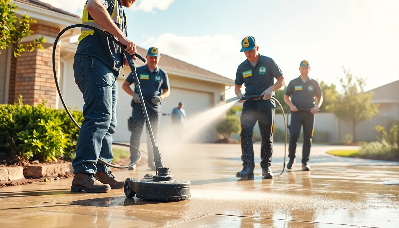 Concrete cleaning team using a pressure washer to restore a driveway's appearance.