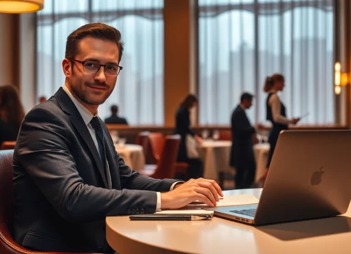 Headhunter Gastronomie analysiert Bewerbungen in einem eleganten Restaurant-Setting.