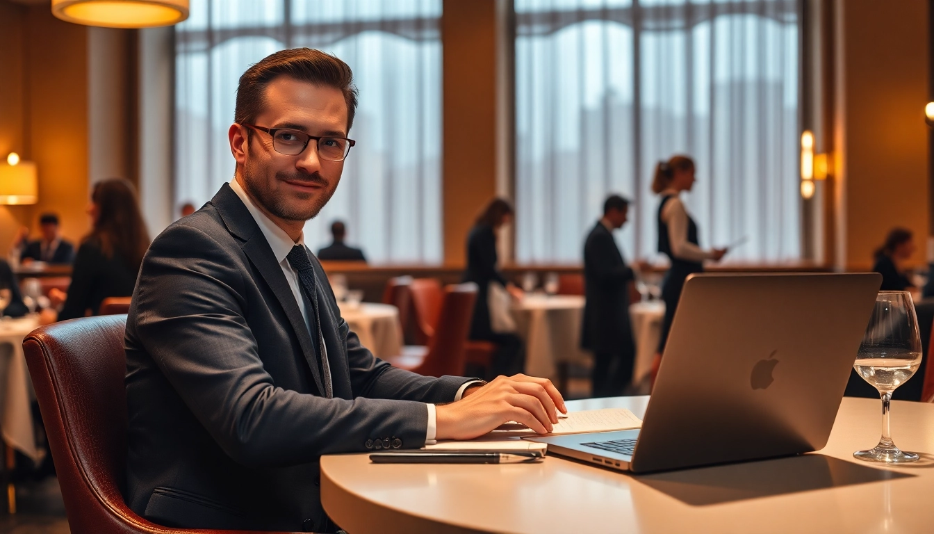 Headhunter Gastronomie analysiert Bewerbungen in einem eleganten Restaurant-Setting.