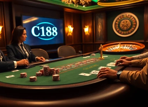 C168 online casino scene with poker table, chips, and roulette wheel radiating excitement.