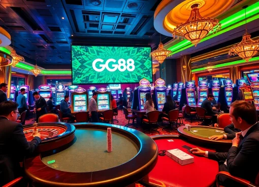 Engaging GG88 casino scene with players at roulette and poker tables, showcasing vibrant energy.