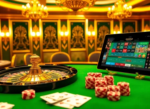 Experience the thrill of gaming at https://x88casino.net/, featuring an elegant casino table with roulette wheels and poker chips.