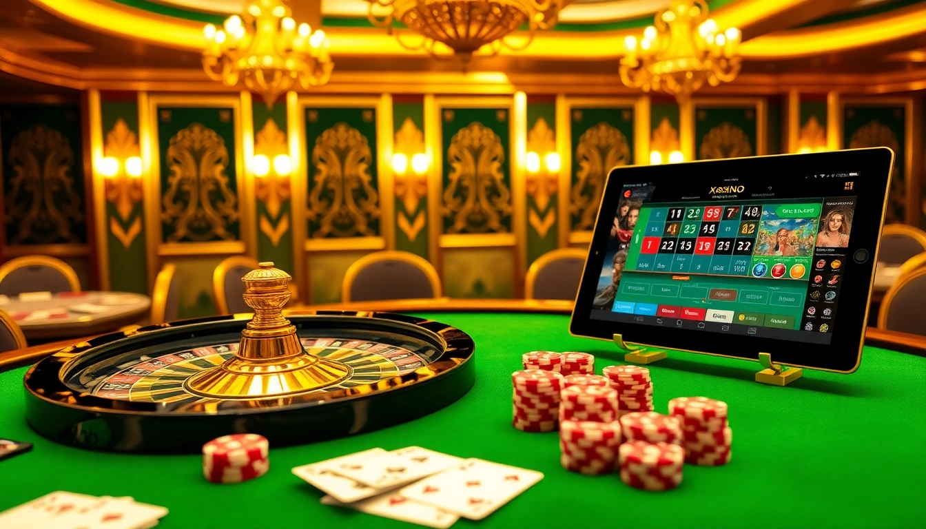 Experience the thrill of gaming at https://x88casino.net/, featuring an elegant casino table with roulette wheels and poker chips.