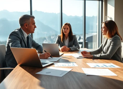 Headhunter Schweiz berät einen Klienten in einem modernen Büro mit Bergblick.