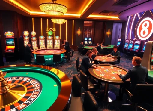 Người chơi tận hưởng các trò chơi casino LUCK8 tại các bàn cược sang trọng, thể hiện sự hào hứng và sang trọng.