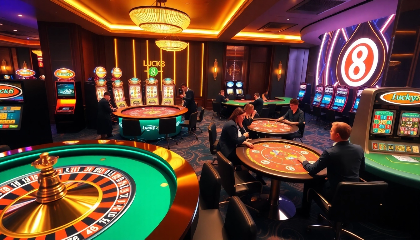 Người chơi tận hưởng các trò chơi casino LUCK8 tại các bàn cược sang trọng, thể hiện sự hào hứng và sang trọng.