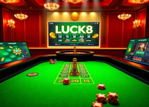 Bàn chơi LUCK8 với các chip sống động và bánh xe roulette trong một casino sang trọng.
