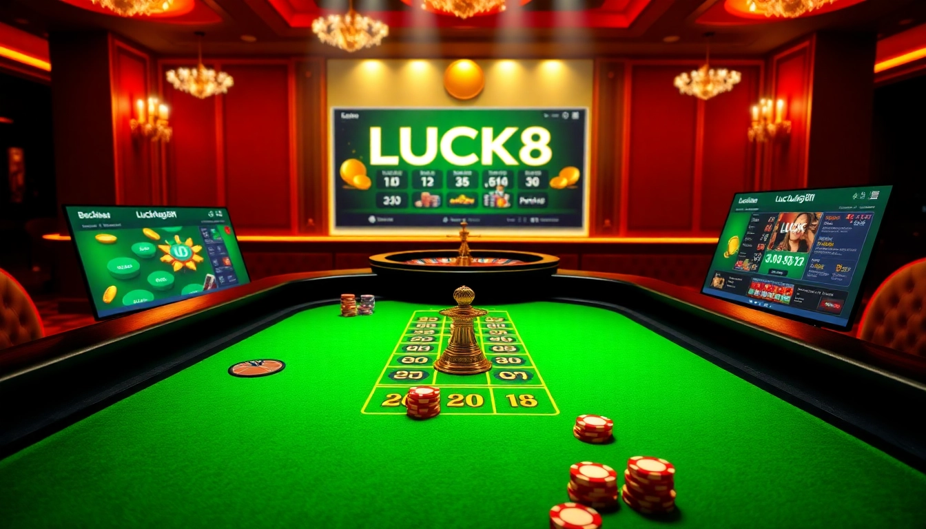 Bàn chơi LUCK8 với các chip sống động và bánh xe roulette trong một casino sang trọng.