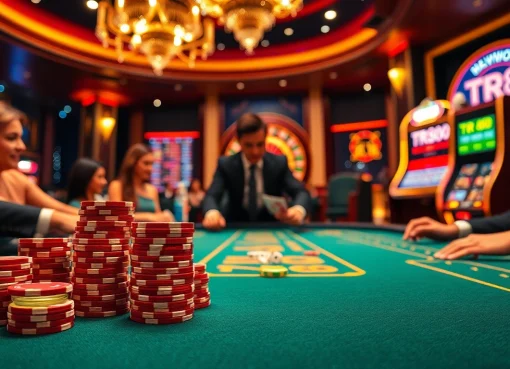 Players strategizing at a poker table in a vibrant casino featuring TR88 poker chips.