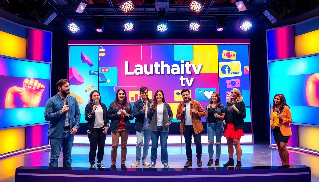 Dynamic television studio with Lauthaitv hosts discussing entertainment trends.