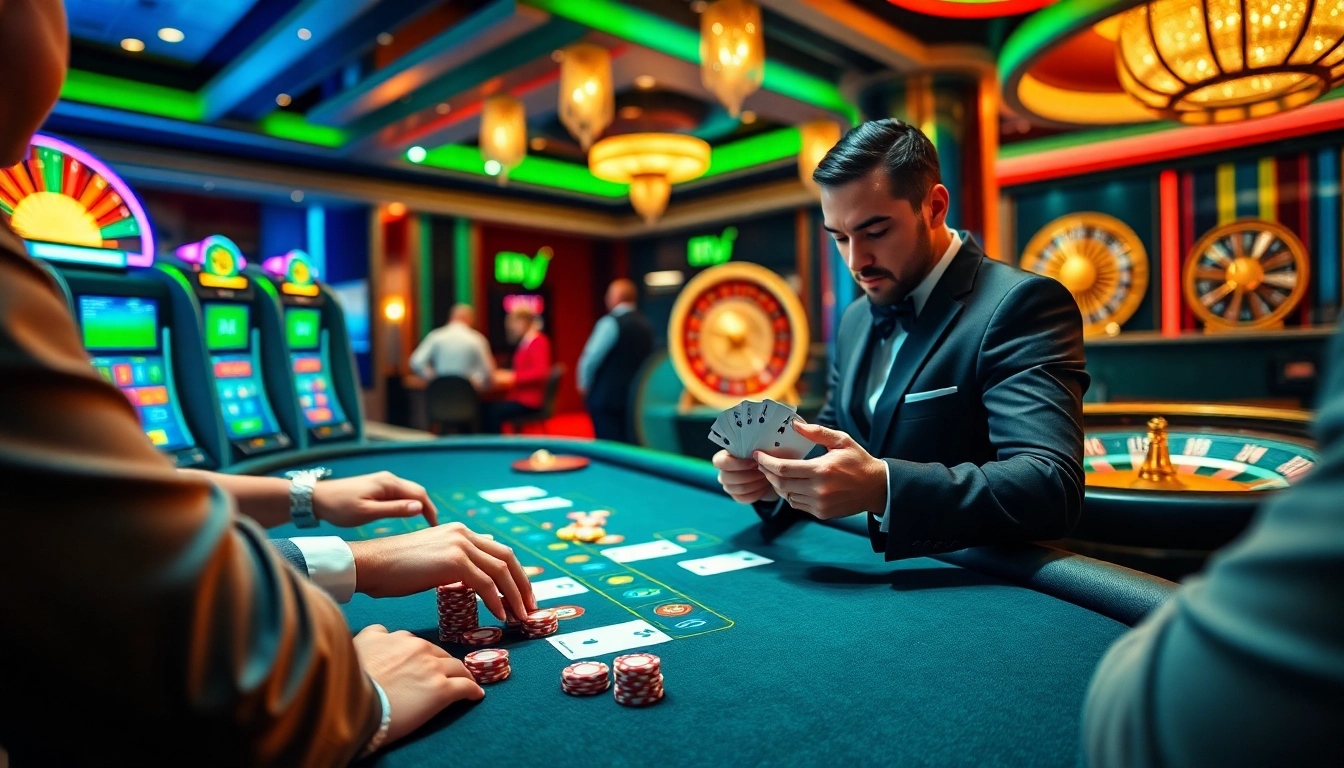 88i gamblers enjoying a thrilling blackjack game with vibrant poker chips and an elegant dealer.