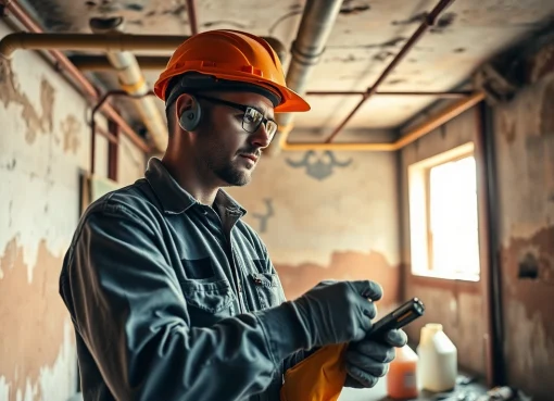 Gefahrenstoffe im Altbau erkennen durch einen Bauarbeiter, der gefährliche Materialien überprüft.