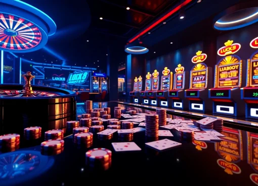 Experience winning at LUCK8 casino with dynamic tables, vibrant poker chips, and exciting slot machines.