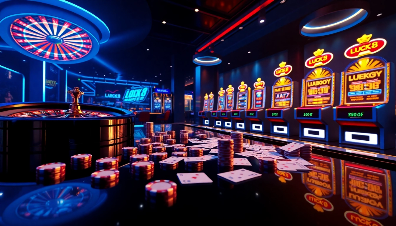 Experience winning at LUCK8 casino with dynamic tables, vibrant poker chips, and exciting slot machines.