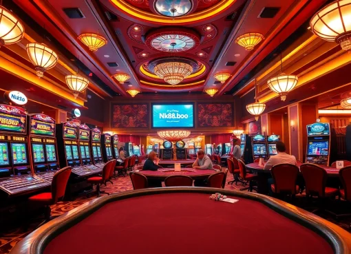 Exciting gambling scene at Nk88.boo casino with players enjoying slot machines and poker tables.