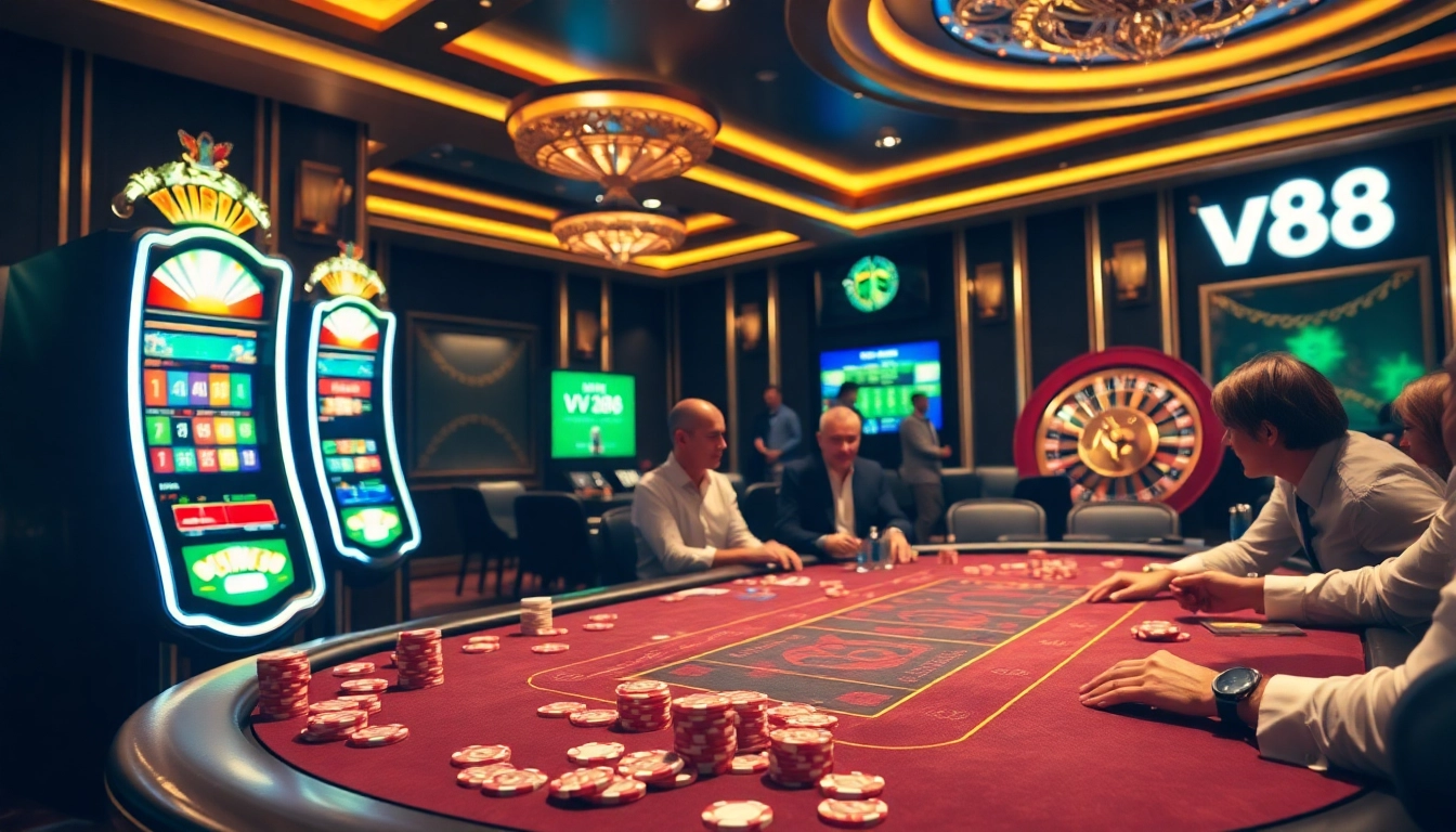 Exciting gambling scene at a casino with mv88 digital interfaces showcased.