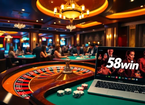 Exciting players at a luxurious casino experience 58win gaming on roulette and poker tables.