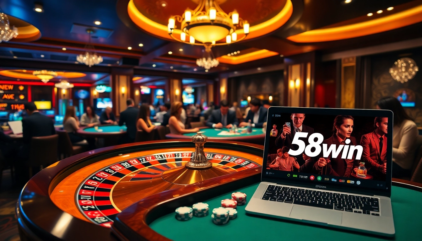 Exciting players at a luxurious casino experience 58win gaming on roulette and poker tables.