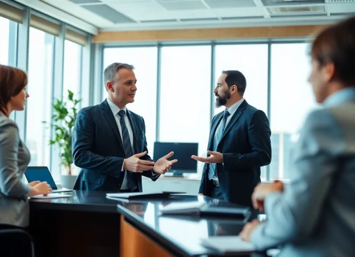 Headhunter Schweiz führt ein Gespräch mit einem Kandidaten in einem modernen Büro.