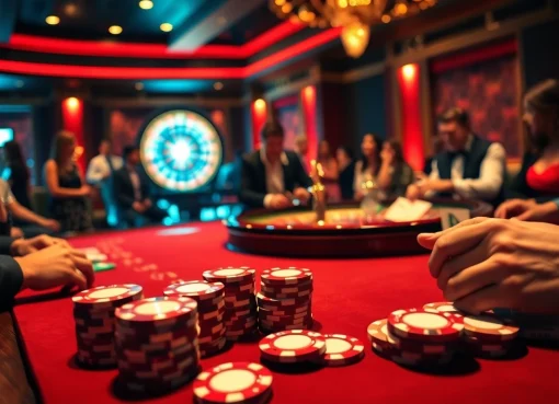 Engaging poker game at a luxurious casino showcasing bdtk1 org with vibrant colors and thrilling energy.