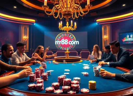 Players enjoying a thrilling poker game at RR88COM casino, showcasing vibrant chips and cards.