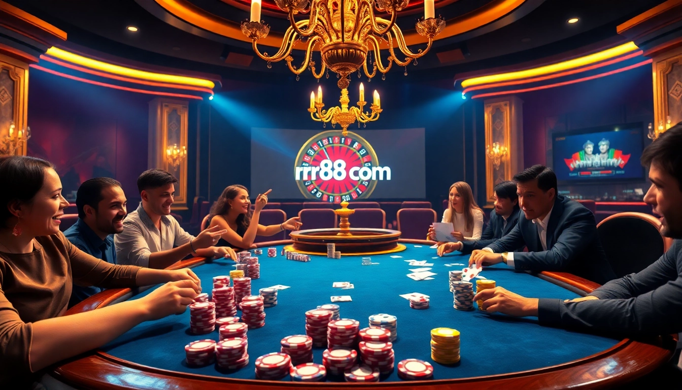 Players enjoying a thrilling poker game at RR88COM casino, showcasing vibrant chips and cards.