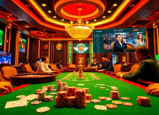 Exciting casino gameplay at Nhà cái 79KING, featuring poker chips and vibrant roulette wheels.