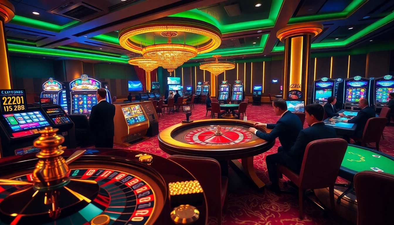 Players enjoying thrilling games at 222BD Casino, featuring vibrant slots and roulette tables.