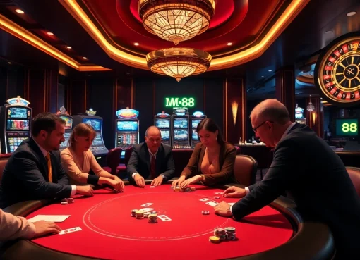 Players engaged in a thrilling poker game at MM 88 casino, showcasing excitement and strategy.