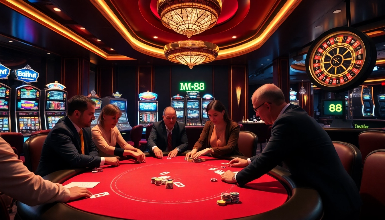 Players engaged in a thrilling poker game at MM 88 casino, showcasing excitement and strategy.