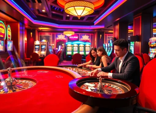 Players experiencing the thrill of MM 88 at a luxurious casino with poker tables and slot machines.