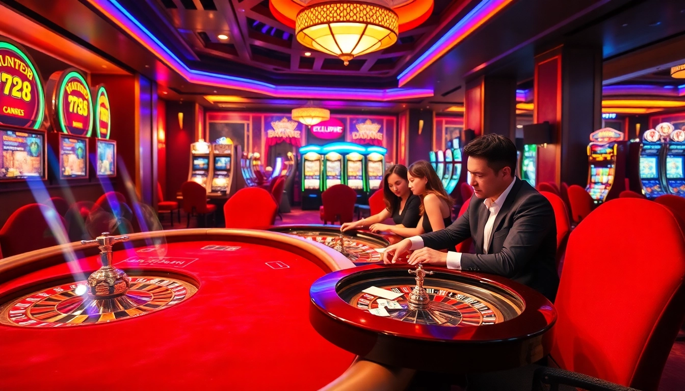 Players experiencing the thrill of MM 88 at a luxurious casino with poker tables and slot machines.