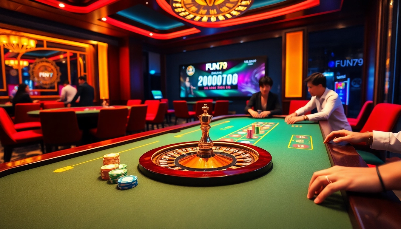 Engage with the exciting world of Trang chủ FUN79, featuring vibrant poker tables and spinning roulette wheels.