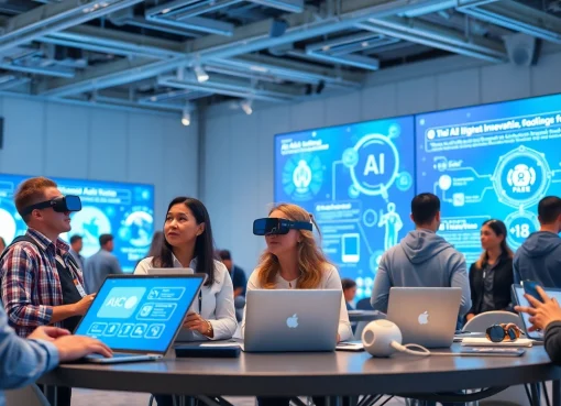 A diverse group discussing 18+ AI innovations at a modern tech conference, featuring digital displays and interactive elements.
