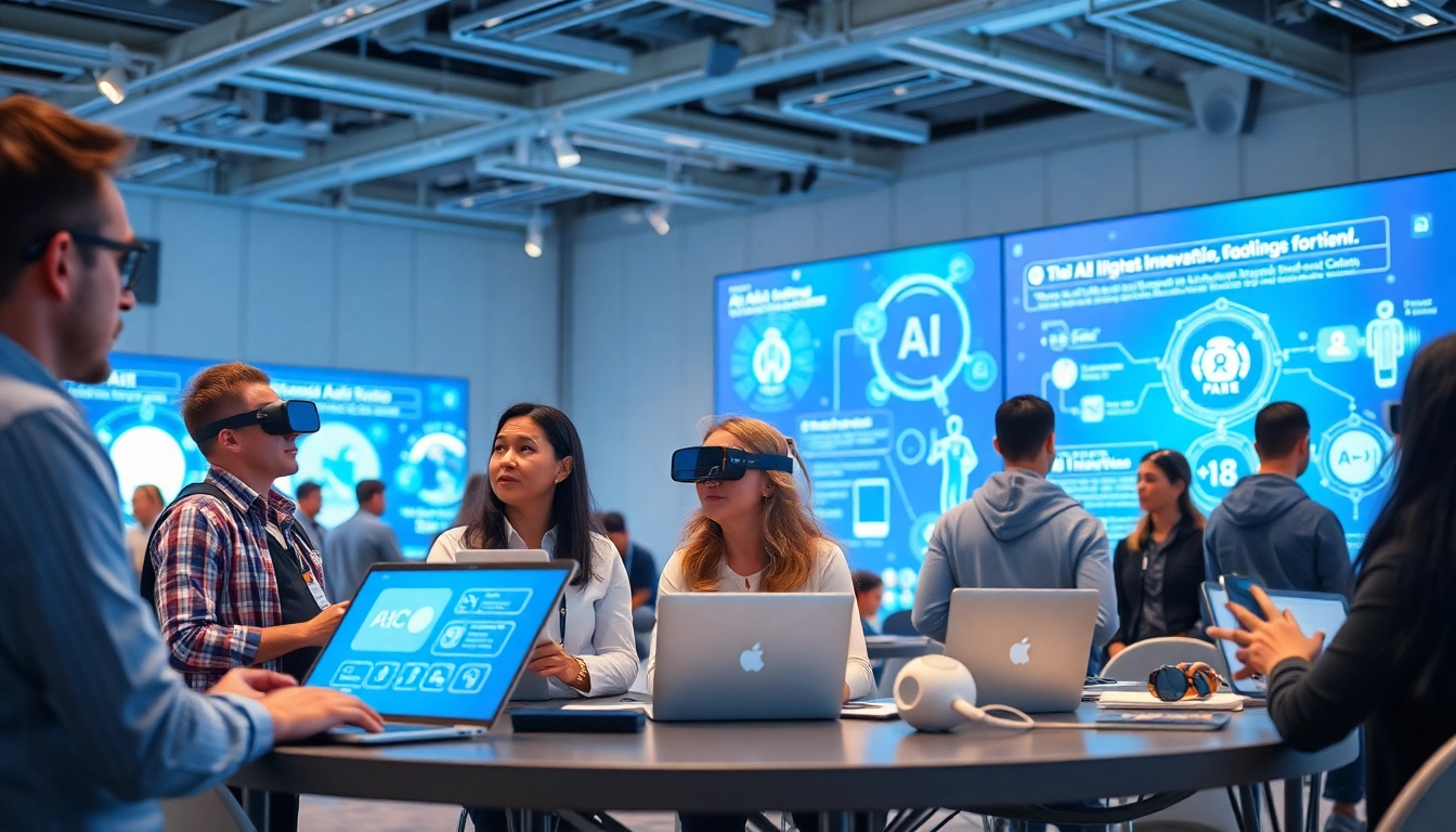 A diverse group discussing 18+ AI innovations at a modern tech conference, featuring digital displays and interactive elements.