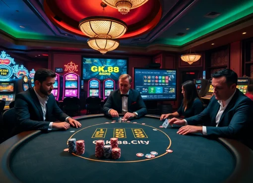 Excited players engaging in high-stakes poker at https://gk88.city/ with luxurious casino decor and vibrant slot machines.
